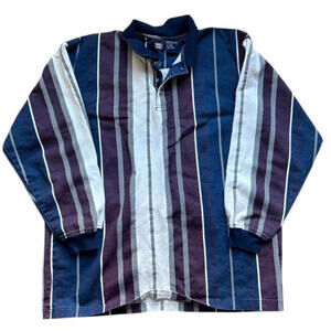 VTG Faded Glory Mens Size L Striped Canvas 3 Button Pullover Shirt Color Block